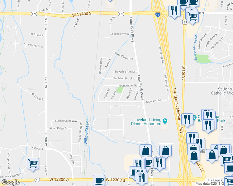 map of restaurants, bars, coffee shops, grocery stores, and more near 11851 Poultry Drive in Draper
