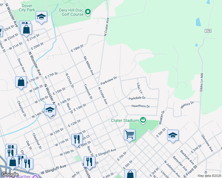 map of restaurants, bars, coffee shops, grocery stores, and more near 1324 Meadowbrook Drive in Dover