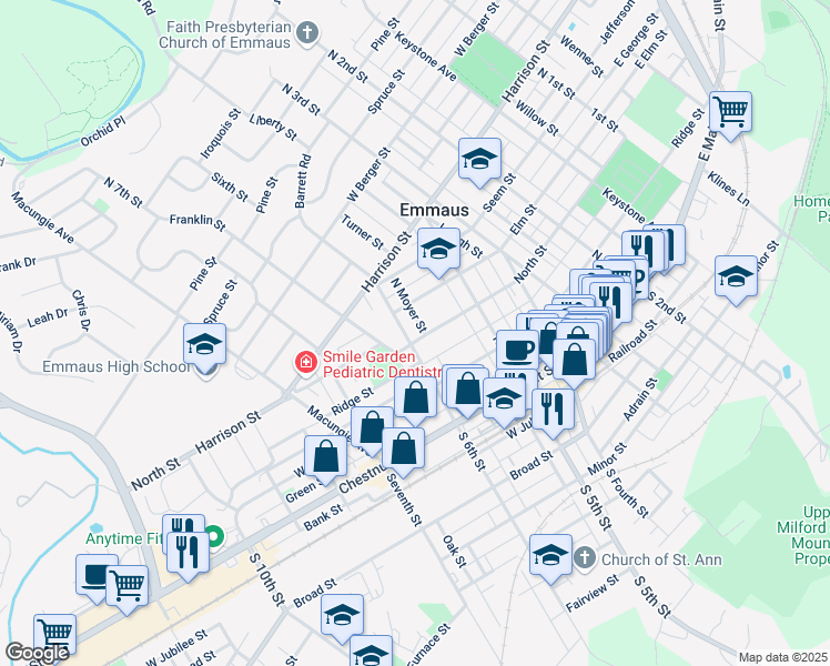 map of restaurants, bars, coffee shops, grocery stores, and more near 211 North Sixth Street in Emmaus