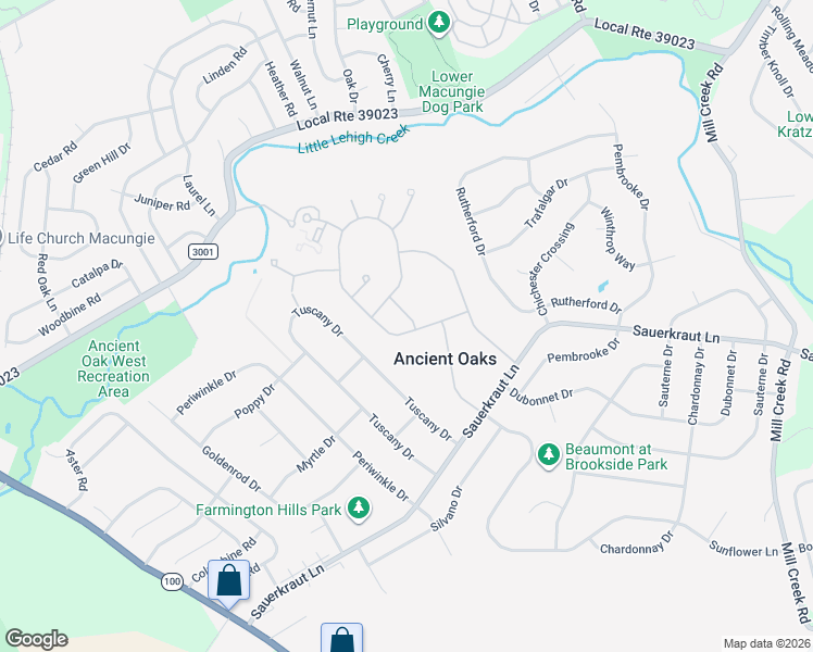 map of restaurants, bars, coffee shops, grocery stores, and more near 2042 Sydney Lane in Macungie