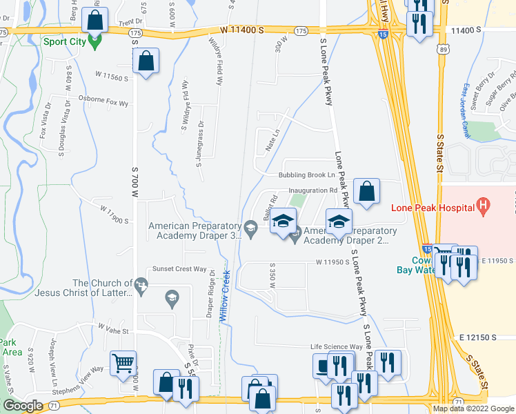 map of restaurants, bars, coffee shops, grocery stores, and more near 11851 Inauguration Road in Draper