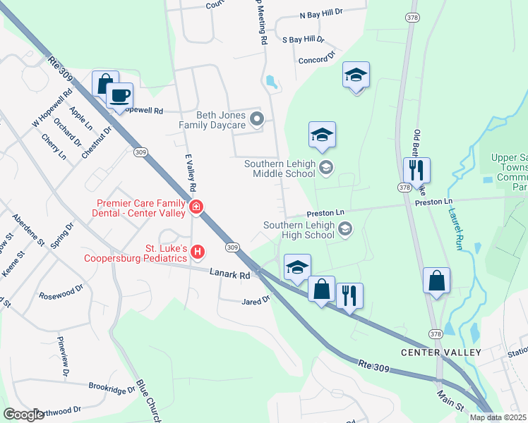 map of restaurants, bars, coffee shops, grocery stores, and more near 5470 Camp Meeting Road in Lehigh County