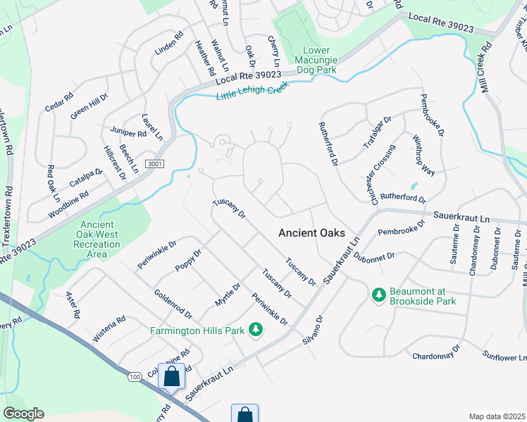 map of restaurants, bars, coffee shops, grocery stores, and more near 2012 Alexander Drive in Macungie