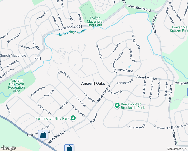 map of restaurants, bars, coffee shops, grocery stores, and more near 2140 Alexander Drive in Macungie