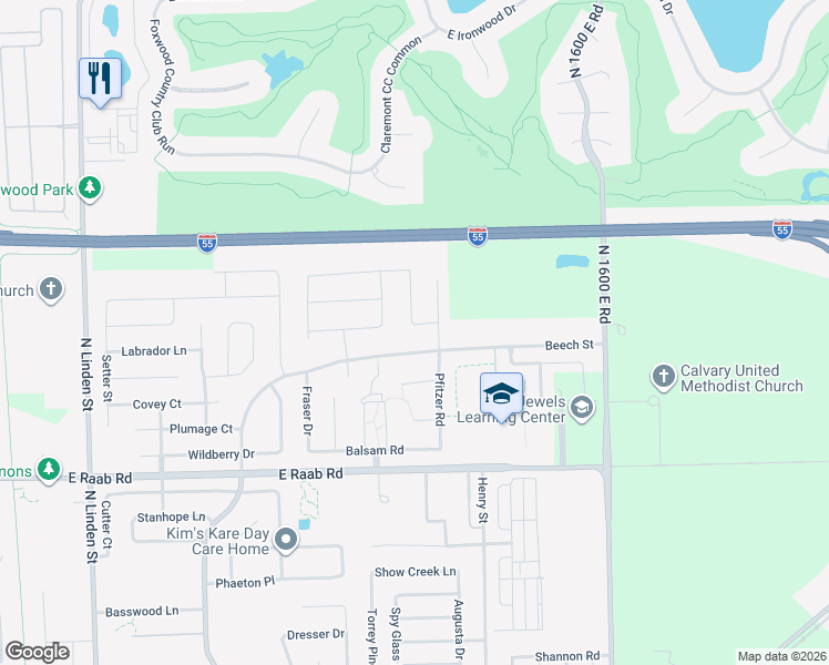map of restaurants, bars, coffee shops, grocery stores, and more near 1801 Loblolly Drive in Normal