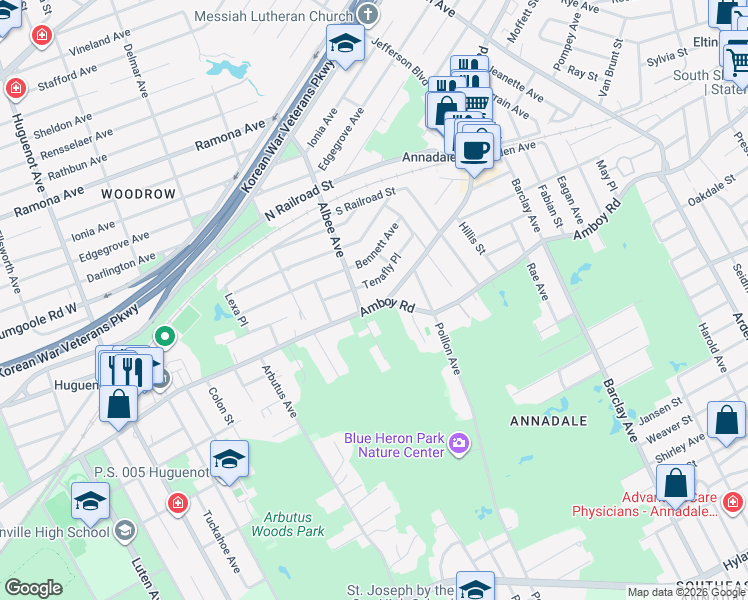 map of restaurants, bars, coffee shops, grocery stores, and more near 5119 Amboy Road in Staten Island