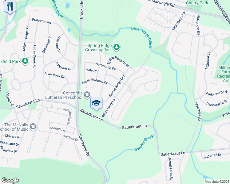 map of restaurants, bars, coffee shops, grocery stores, and more near 5284 Spring Ridge Drive East in Macungie