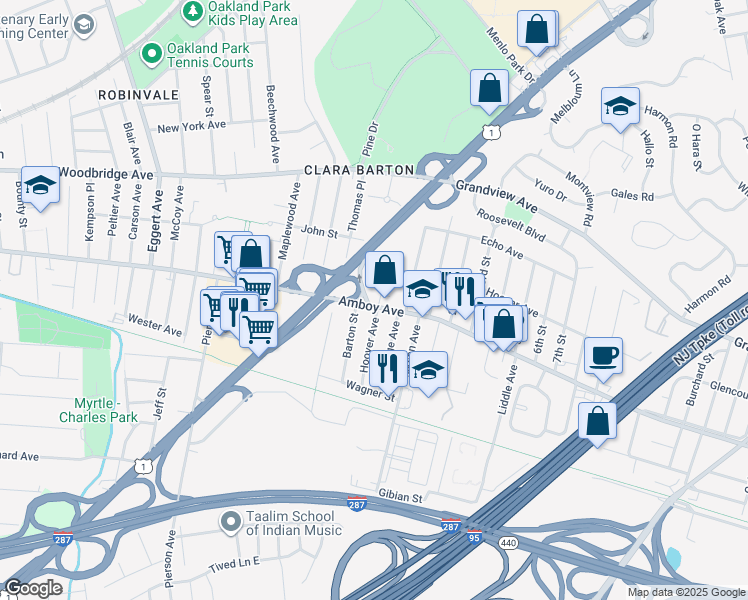 map of restaurants, bars, coffee shops, grocery stores, and more near 1096 Amboy Avenue in Edison