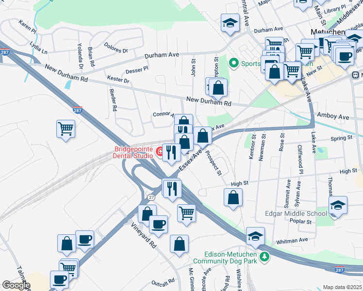 map of restaurants, bars, coffee shops, grocery stores, and more near 215 Bridge Street in Metuchen