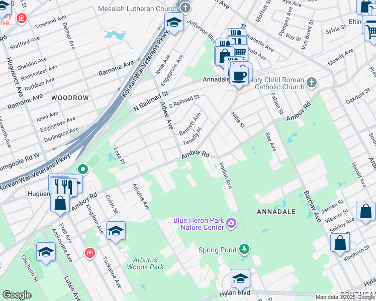 map of restaurants, bars, coffee shops, grocery stores, and more near 5125 Amboy Road in Staten Island