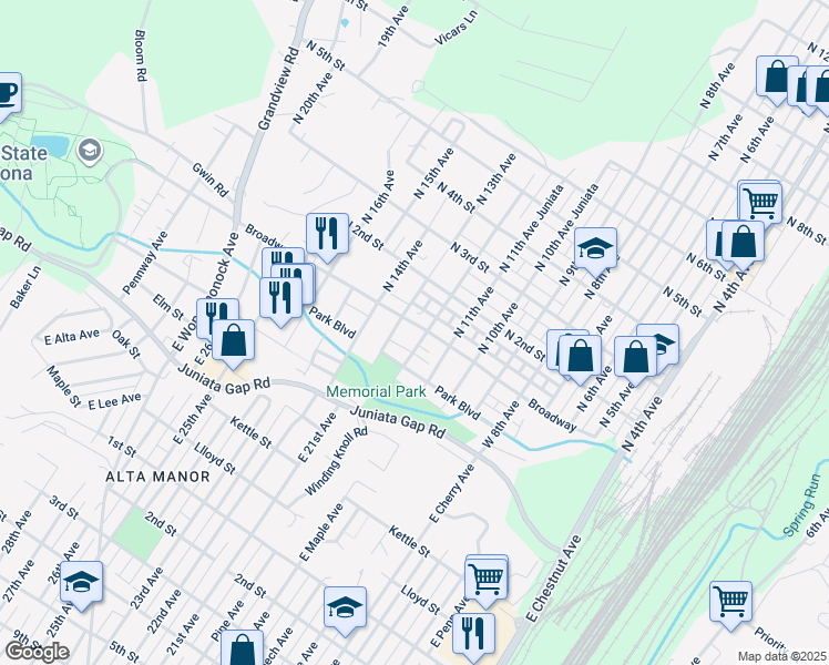 map of restaurants, bars, coffee shops, grocery stores, and more near 1205 Broadway in Altoona