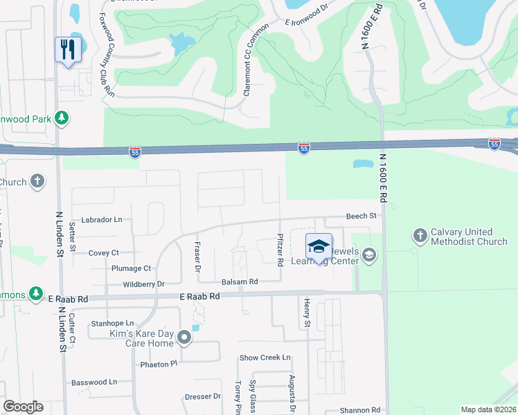 map of restaurants, bars, coffee shops, grocery stores, and more near 1801 Loblolly Drive in Normal