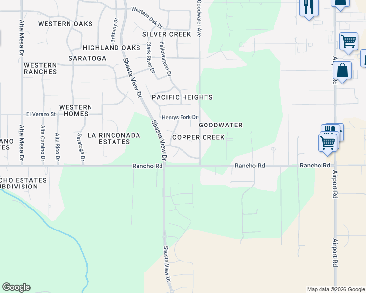 map of restaurants, bars, coffee shops, grocery stores, and more near 3104 Copper Creek Drive in Redding