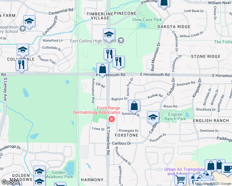 map of restaurants, bars, coffee shops, grocery stores, and more near 2203 Puma Place in Fort Collins