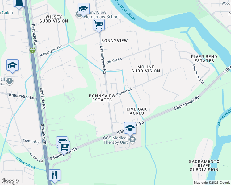 map of restaurants, bars, coffee shops, grocery stores, and more near 5567 East Bonnyview Road in Redding