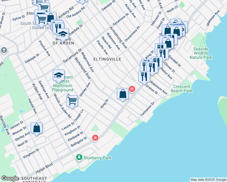 map of restaurants, bars, coffee shops, grocery stores, and more near 64A Ridgecrest Avenue in Staten Island