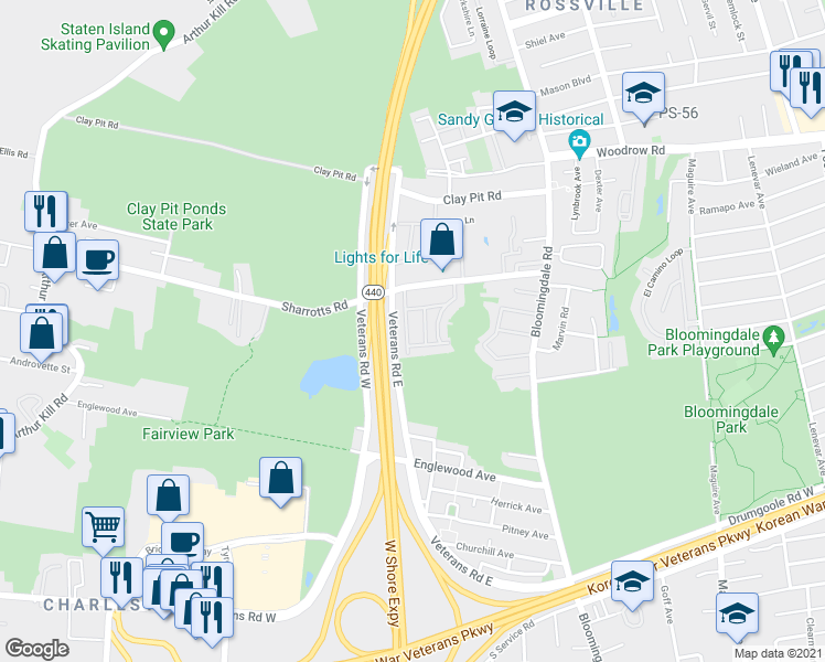 map of restaurants, bars, coffee shops, grocery stores, and more near 57 Darnell Lane in Staten Island