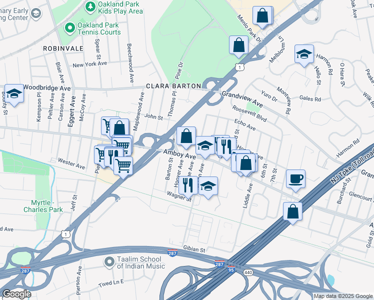 map of restaurants, bars, coffee shops, grocery stores, and more near 1096 Amboy Avenue in Edison