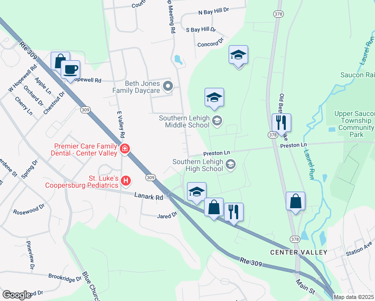 map of restaurants, bars, coffee shops, grocery stores, and more near 5470 Camp Meeting Road in Lehigh County