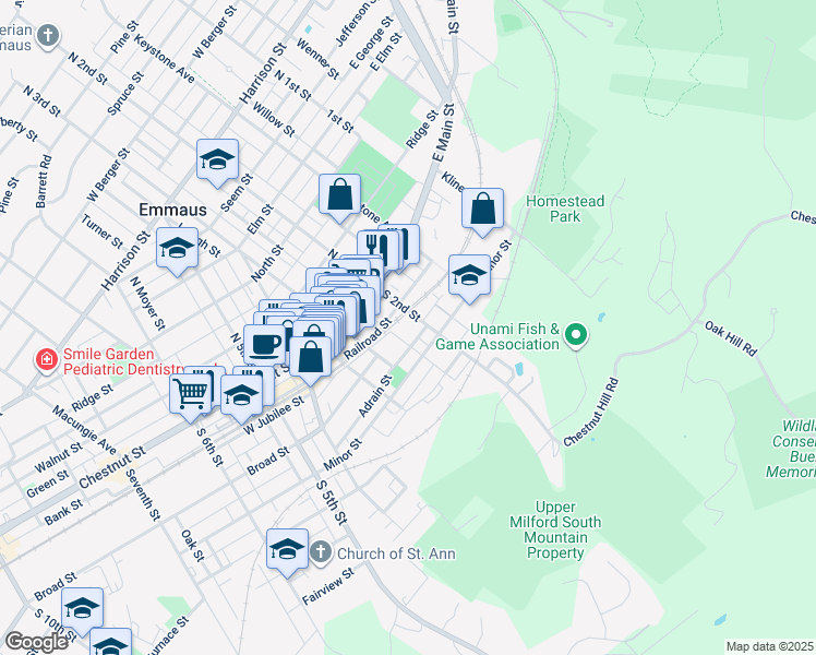 map of restaurants, bars, coffee shops, grocery stores, and more near 30 South 2nd Street in Emmaus