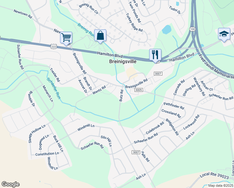map of restaurants, bars, coffee shops, grocery stores, and more near 1434 Butz Road in Breinigsville