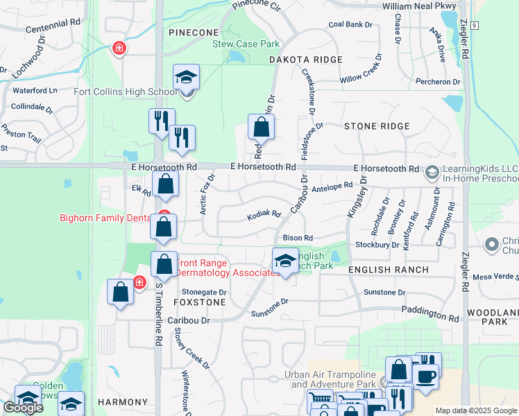map of restaurants, bars, coffee shops, grocery stores, and more near 2406 Kodiak Road in Fort Collins