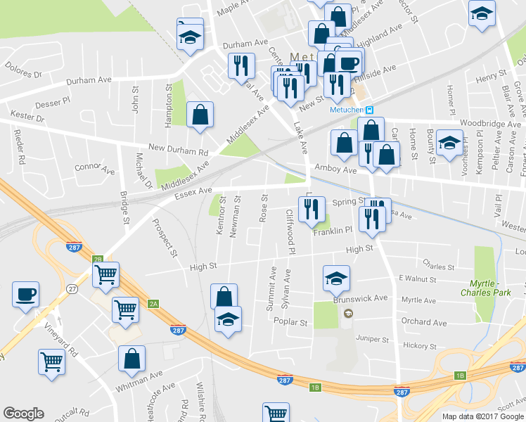 map of restaurants, bars, coffee shops, grocery stores, and more near 71 Rose Street in Metuchen