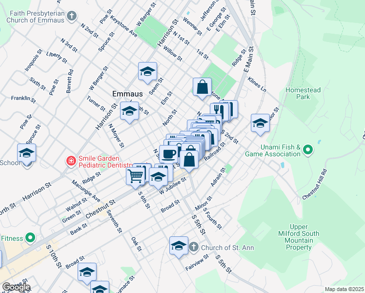 map of restaurants, bars, coffee shops, grocery stores, and more near 29 N 4th St in Emmaus