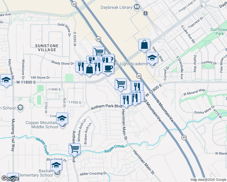 map of restaurants, bars, coffee shops, grocery stores, and more near 11853 Rushmore Park Lane in Herriman