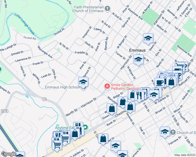map of restaurants, bars, coffee shops, grocery stores, and more near 712 West Berger Street in Emmaus