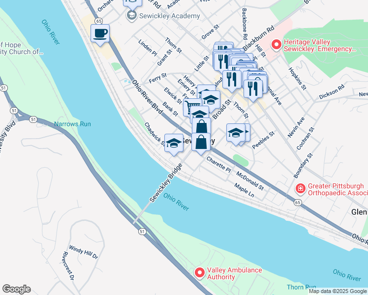 map of restaurants, bars, coffee shops, grocery stores, and more near 145 Bradley Lane in Sewickley