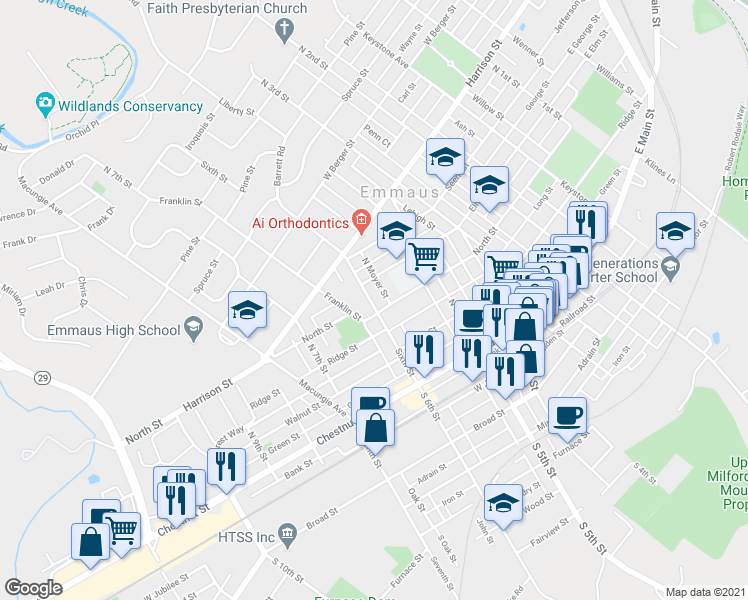 map of restaurants, bars, coffee shops, grocery stores, and more near 211 North Sixth Street in Emmaus