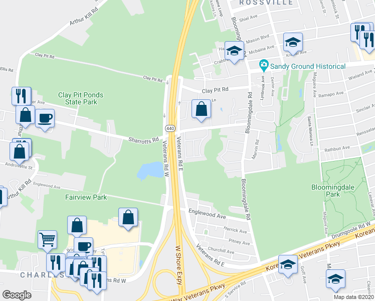 map of restaurants, bars, coffee shops, grocery stores, and more near 57 Darnell Lane in Staten Island