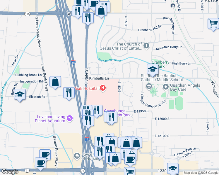 map of restaurants, bars, coffee shops, grocery stores, and more near 96 Kimballs Lane in Draper