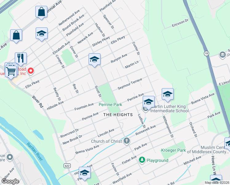 map of restaurants, bars, coffee shops, grocery stores, and more near 5085 Wade Street in Piscataway