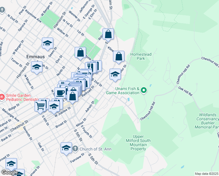 map of restaurants, bars, coffee shops, grocery stores, and more near 201 South 2nd Street in Emmaus