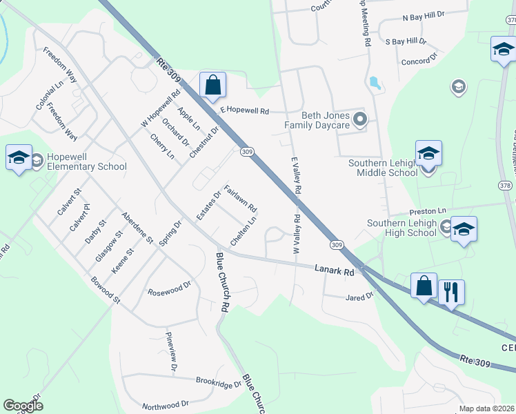 map of restaurants, bars, coffee shops, grocery stores, and more near 5163 Fairlawn Road in Lehigh County