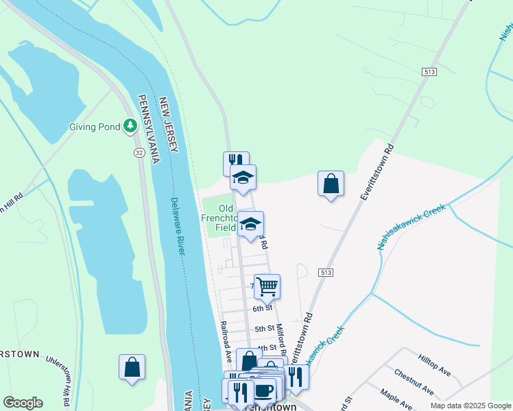map of restaurants, bars, coffee shops, grocery stores, and more near 1210 Milford Road in Frenchtown