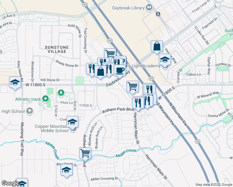 map of restaurants, bars, coffee shops, grocery stores, and more near 5407 Black Hills Lane in Herriman