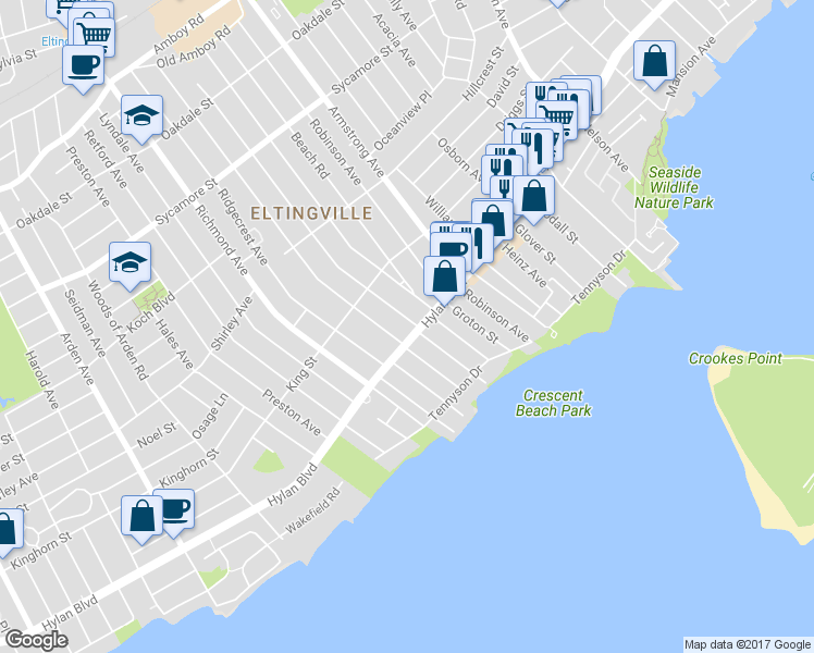 map of restaurants, bars, coffee shops, grocery stores, and more near 116 Thornycroft Ave in Staten Island