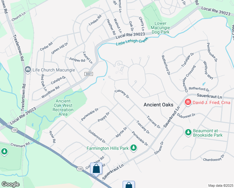 map of restaurants, bars, coffee shops, grocery stores, and more near 7078 Tuscany Dr in Macungie