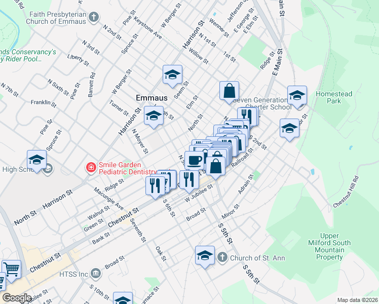 map of restaurants, bars, coffee shops, grocery stores, and more near 423 Ridge Street in Emmaus