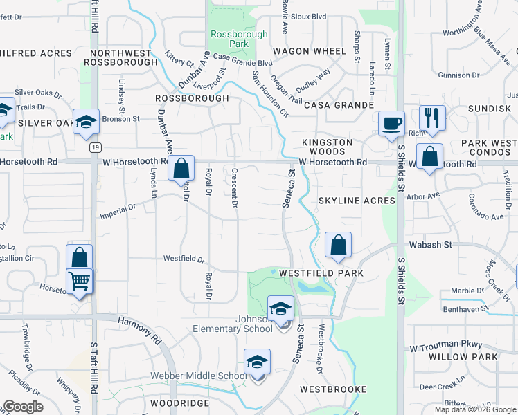 map of restaurants, bars, coffee shops, grocery stores, and more near 1545 Corydalis Court in Fort Collins