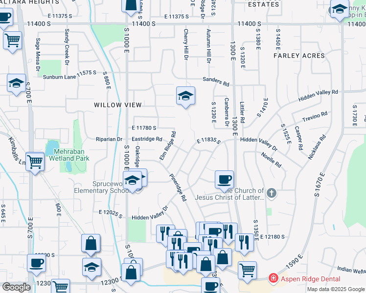 map of restaurants, bars, coffee shops, grocery stores, and more near 11845 Maple Ridge Circle in Sandy