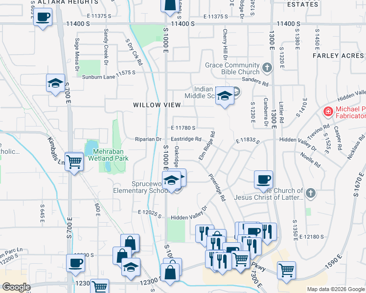 map of restaurants, bars, coffee shops, grocery stores, and more near 1059 East 11860 South in Sandy