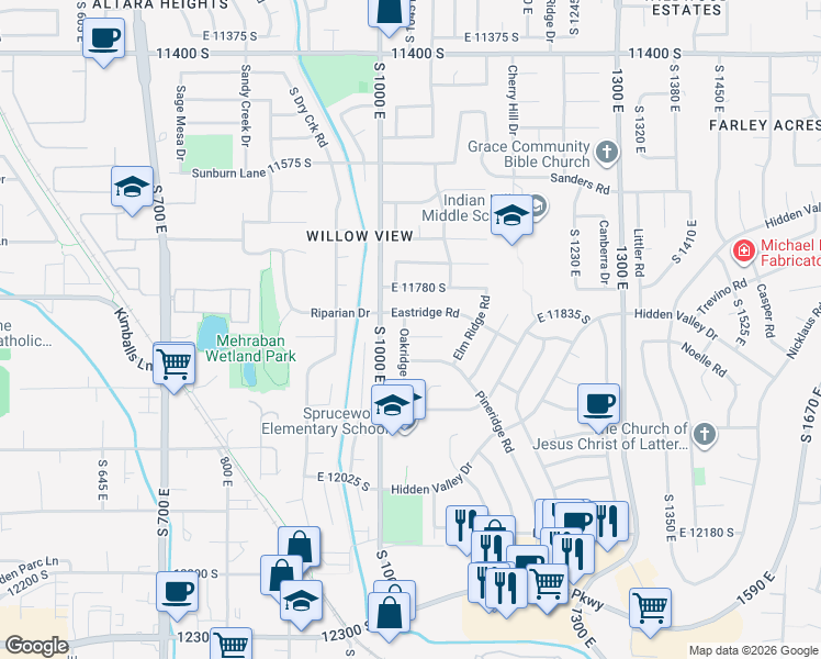 map of restaurants, bars, coffee shops, grocery stores, and more near 1059 East 11860 South in Sandy