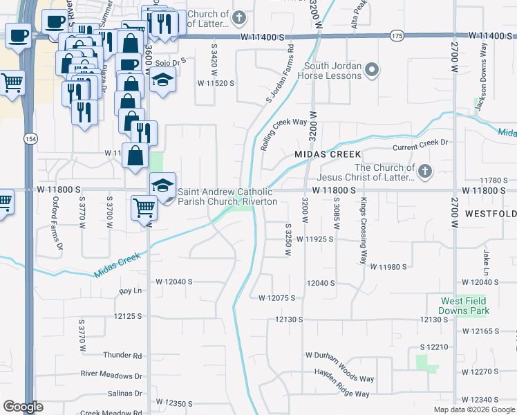 map of restaurants, bars, coffee shops, grocery stores, and more near 11836 Doves Landing Drive in Riverton