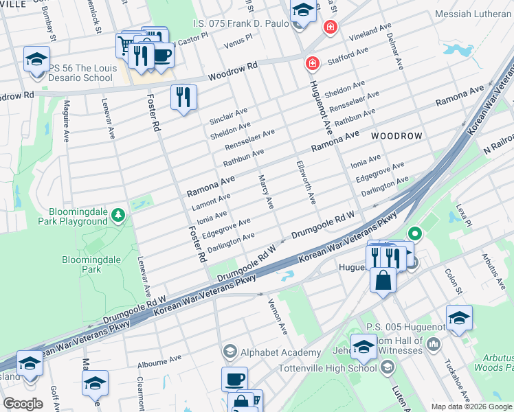 map of restaurants, bars, coffee shops, grocery stores, and more near 834 Ionia Avenue in Staten Island