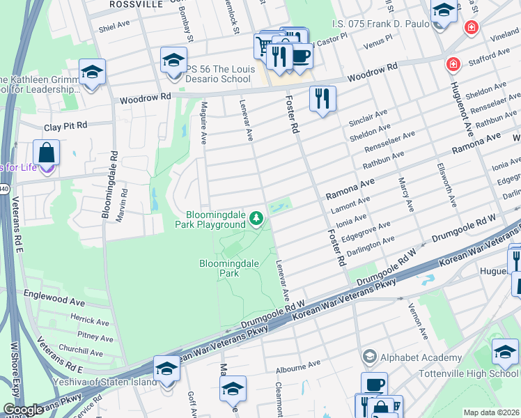 map of restaurants, bars, coffee shops, grocery stores, and more near 668-624 Ramona Avenue in Staten Island