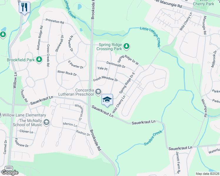 map of restaurants, bars, coffee shops, grocery stores, and more near 5439 Spring Ridge Drive East in Macungie